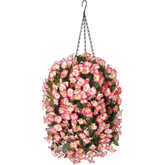 Artificial Faux Hanging Flowers Plants Basket for Spring Outdoor Outside Porch Decoration, Fake Silk Purple Morning Glory Long Vines Realistic UV Resistant for Home Balcony Garden Yard Patio