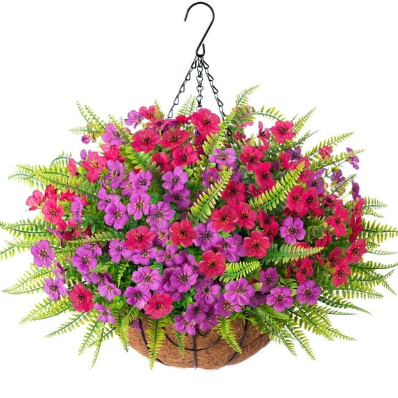 Artificial Faux Hanging Outdoor Flowers Plants Basket for Summer Outside Decoration, Fake Silk UV Resistant Look Real Colorful Daisy Fern in Planter for Home Porch Patio Garden Yard Decor