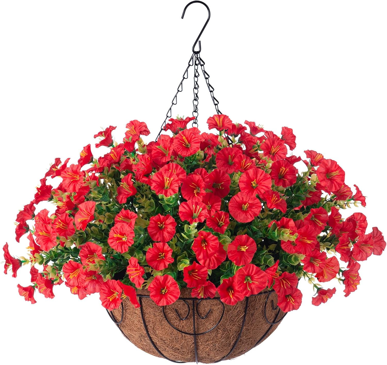 Artificial Faux Hanging Outdoor Plants Flowers Basket for Spring Summer Decoration, Fake Red Silk Morning Glory in Planter UV Resistant Look Real for Outside Porch Patio Balcony Home