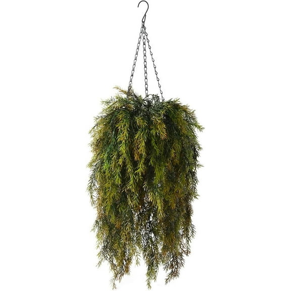 Artificial Faux Hanging Plants Basket for Spring Outdoor Decoration, Fake Seaweed Plant UV Resistant Look Real for Outside Porch Home Patio Balcony Yard(Dark Green)