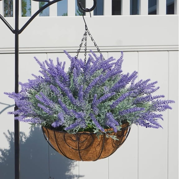 Artificial Faux Hanging Plants Flowers Bakset for Spring Outdoor Porch Decoration, Faux Purple Lavender in Planter Realistic UV Resistant for Outside Patio Home Balcony Garden Yard