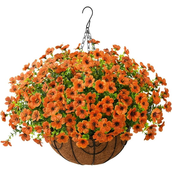 Artificial Faux Hanging Plants Flowers Basket Outdoor Indoor Patio Lawn Garden Spring Decor,Fake Silk Daisy in Basket with 12inch Coconut Lining Chain Palm Flowerpot(Orange)