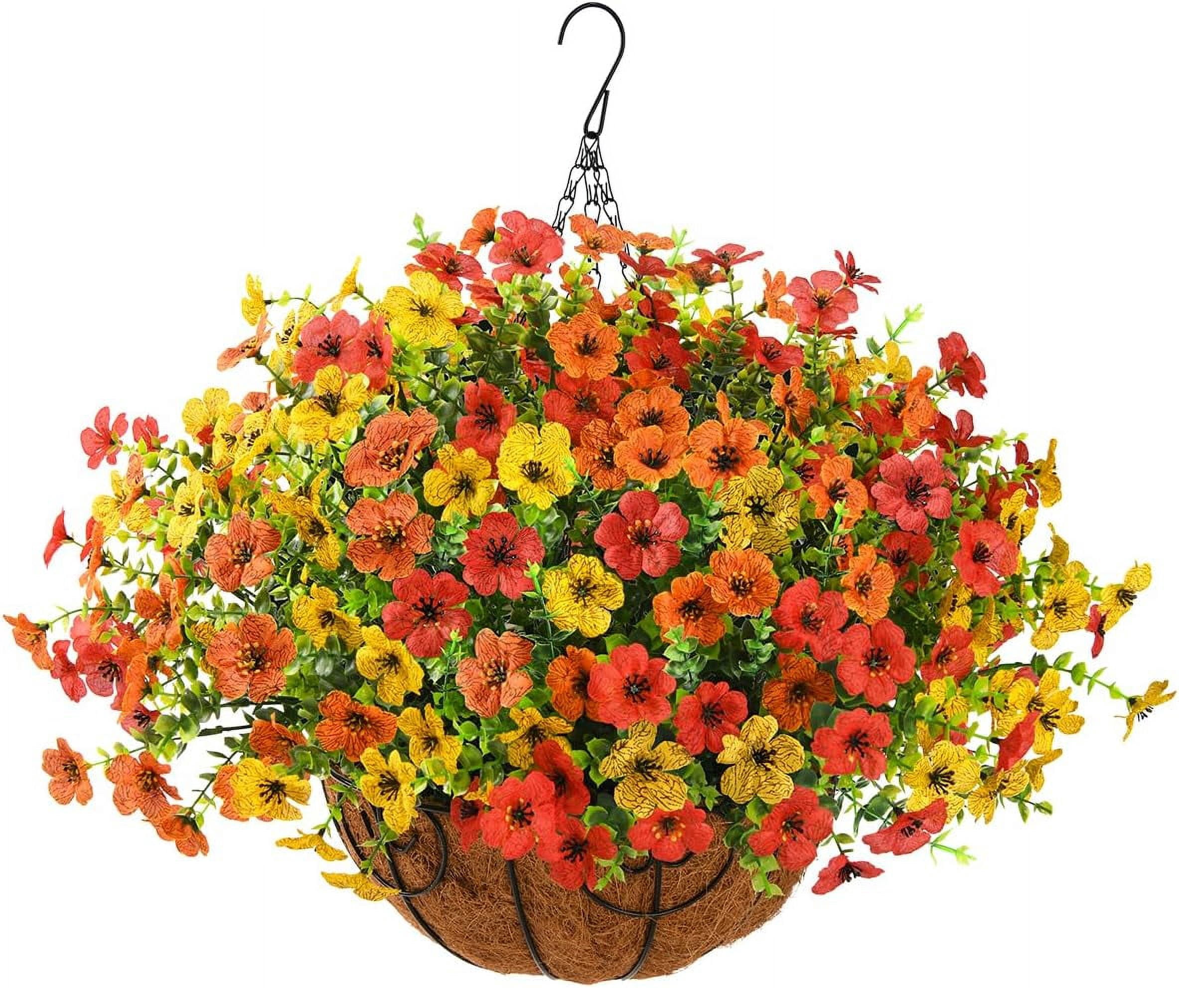 Artificial Faux Hanging Plants Flowers Basket Outdoor Indoor Patio Lawn Garden Spring Decor,Fake Silk Daisy in Basket with 12inch Coconut Lining Chain Palm Flowerpot(Red Orange Yellow)