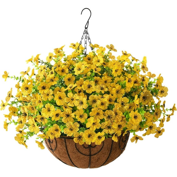 Artificial Faux Hanging Plants Flowers Basket Outdoor Indoor Patio Lawn Garden Spring Decor,Fake Silk Daisy in Basket with 12inch Coconut Lining Chain Palm Flowerpot(Yellow)