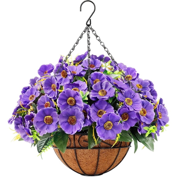 Artificial Fake Spring Hanging Flowers Plants with Basket Outdoor Flower Decor, Faux Silk Colorful Daisy in Metal Coconut Lining Pot Plastic Shrubs Decor Farmhouse Home Garden (Rose Pink)