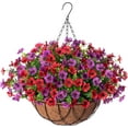 thumbnail image 1 of Artificial Faux Hanging Plants Flowers Basket for Outdoor Outside Spring Summer Decoration, Silk Purple Morning Glory in Planter UV Resistant Look Real Fake Flowers for Porch Patio Balcony Home Yard, 1 of 6