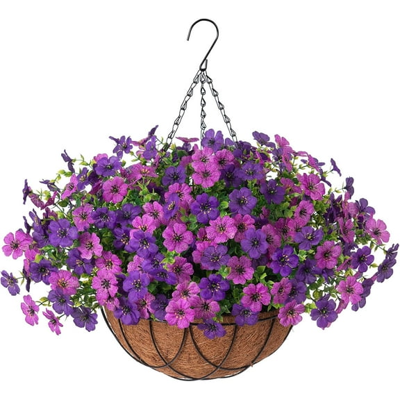Artificial Faux Hanging Plants Flowers Basket for Outdoor Outside Spring Summer Decoration, Silk Purple Morning Glory in Planter UV Resistant Look Real Fake Flowers for Porch Patio Balcony Home Yard