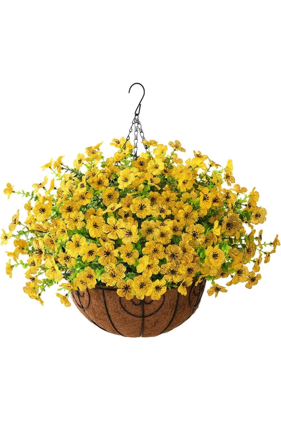 Artificial Faux Hanging Plants Flowers Basket Outdoor Porch Garden Spring Decoration,Fake Silk Daisy in Planter Realistic UV Resistant for Outside Home Patio Balcony Yard(Multicolor)