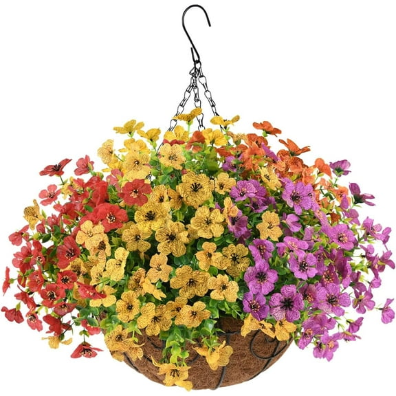 Artificial Faux Hanging Plants Flowers Basket Outdoor Porch Garden Spring Decoration,Fake Silk Daisy in Planter Realistic UV Resistant for Outside Home Patio Balcony Yard(Multicolor)