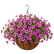 Artificial Faux Hanging Plants Flowers Basket Outdoor Porch Garden Summer Decoration, Fake Silk Daisy in Planter Realistic UV Resistant for Outside Home Patio Balcony YardPurple