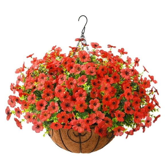 Artificial Faux Hanging Plants Flowers Basket Outdoor Porch Garden Summer Decoration,Fake Silk Daisy in Planter Realistic UV Resistant for Outside Home Patio Balcony Yard(Red)