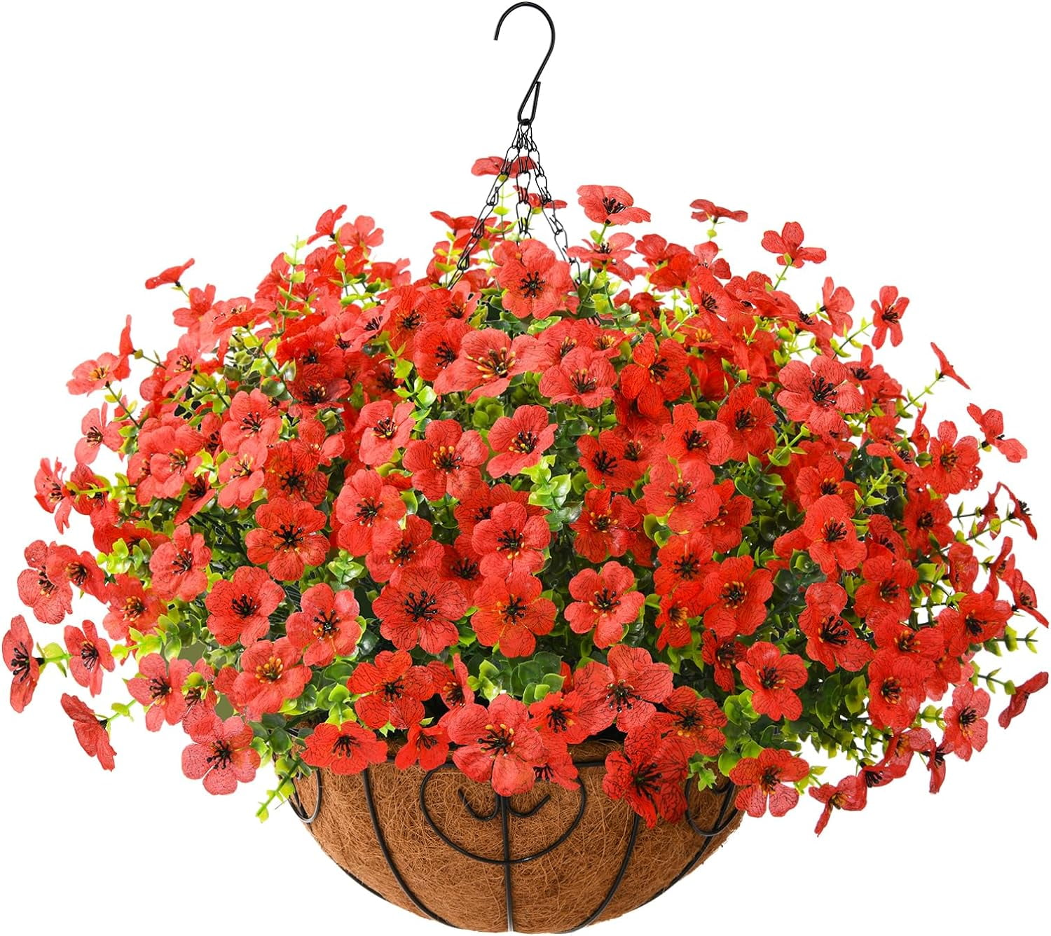 Artificial Faux Hanging Plants Flowers Basket Outdoor Porch Garden Summer Decoration, Fake Silk Daisy in Planter Realistic UV Resistant for Outside Home Patio Balcony Yard(Red)