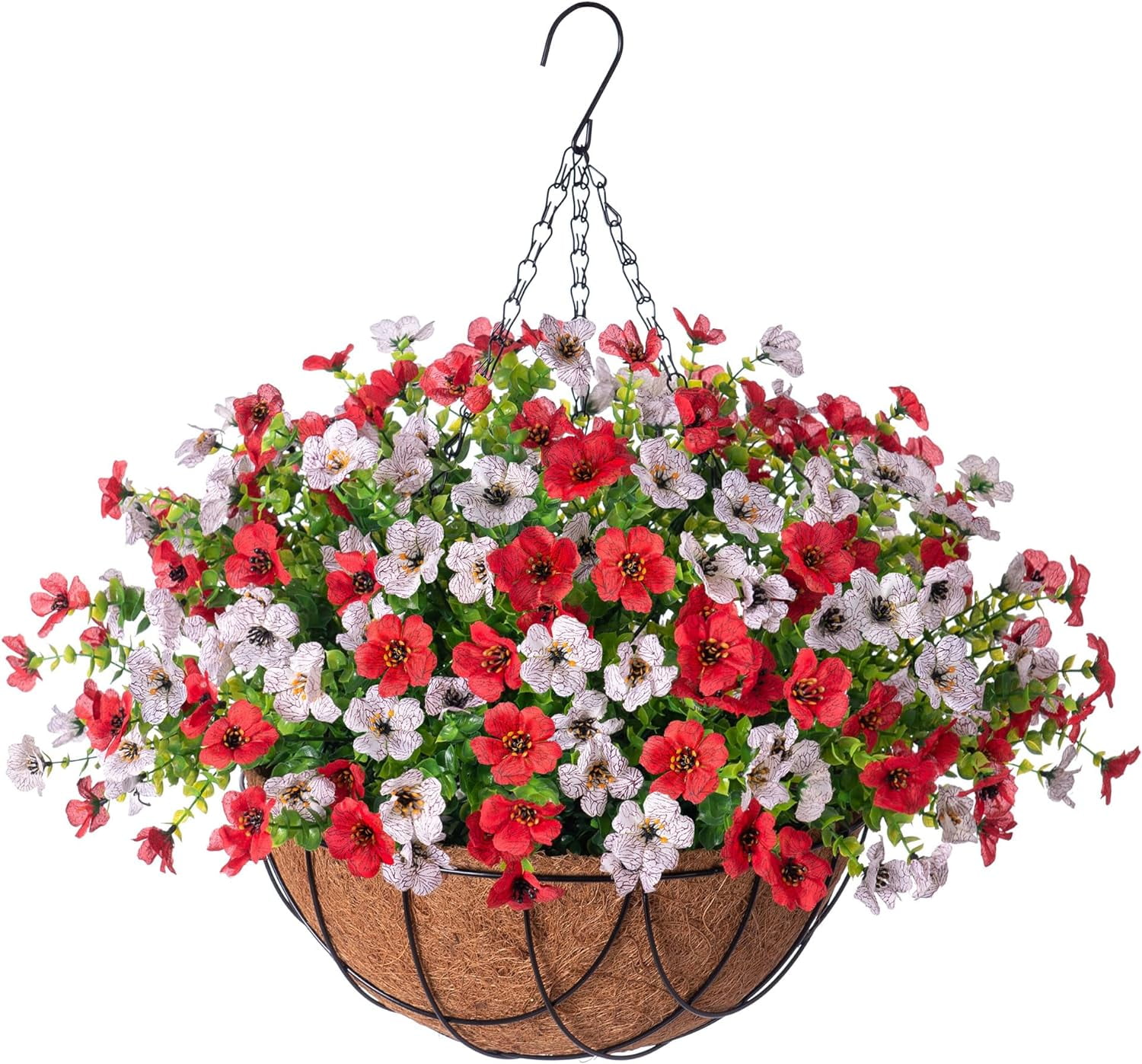 Artificial Faux Hanging Plants Flowers Basket Planter with Colorful Daisy Eucalyptus & Baby's Breath, UV Resistant Silk Fake Flowers for Spring Summer Outdoor Decor, Perfect for Porch Patio and Yard