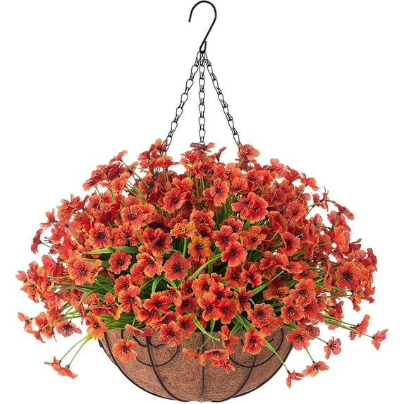 Artificial Faux Hanging Plants Flowers Basket for Spring Outdoor Porch Decoration, Fake Silk Colorful Daisy Eucalyptus in Planter UV Resistant Look Real for Home Patio Balcony Yard