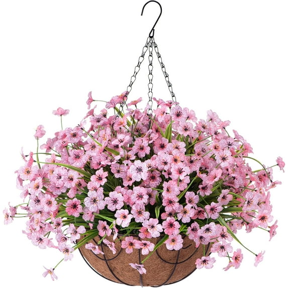Artificial Faux Hanging Plants Flowers Basket for Spring Outdoor Porch Decoration, Fake Silk Colorful Daisy Eucalyptus in Planter UV Resistant Look Real for Home Patio Balcony Yard