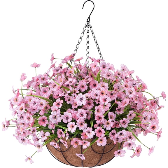 Artificial Fake Hanging Flowers with Basket for Spring Outdoor Decoration, Faux Silk Daisy Flower Plastic Plants UV Resistant for Garden Yard Porch Patio Balcony Home Decor(Purple)