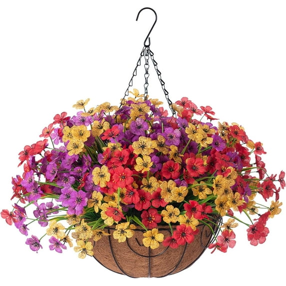 Artificial Faux Hanging Plants Flowers Basket for Spring Outdoor Porch Decoration, Fake Silk Colorful Daisy Eucalyptus in Planter UV Resistant Look Real for Home Patio Balcony Yard