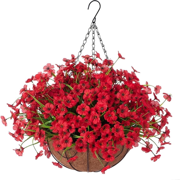 Artificial Faux Hanging Plants Flowers Basket for Spring Outdoor Porch Decoration, Fake Silk Colorful Daisy Eucalyptus in Planter UV Resistant Look Real for Home Patio Balcony Yard