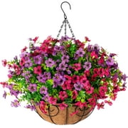 Artificial Fake Hanging Plants Flowers with Basket Outdoor Decor Faux Silk Daisy Flower Arrangements in Pot Planter for Porch Home Indoor Patio Garden Yard Decoration, Blue