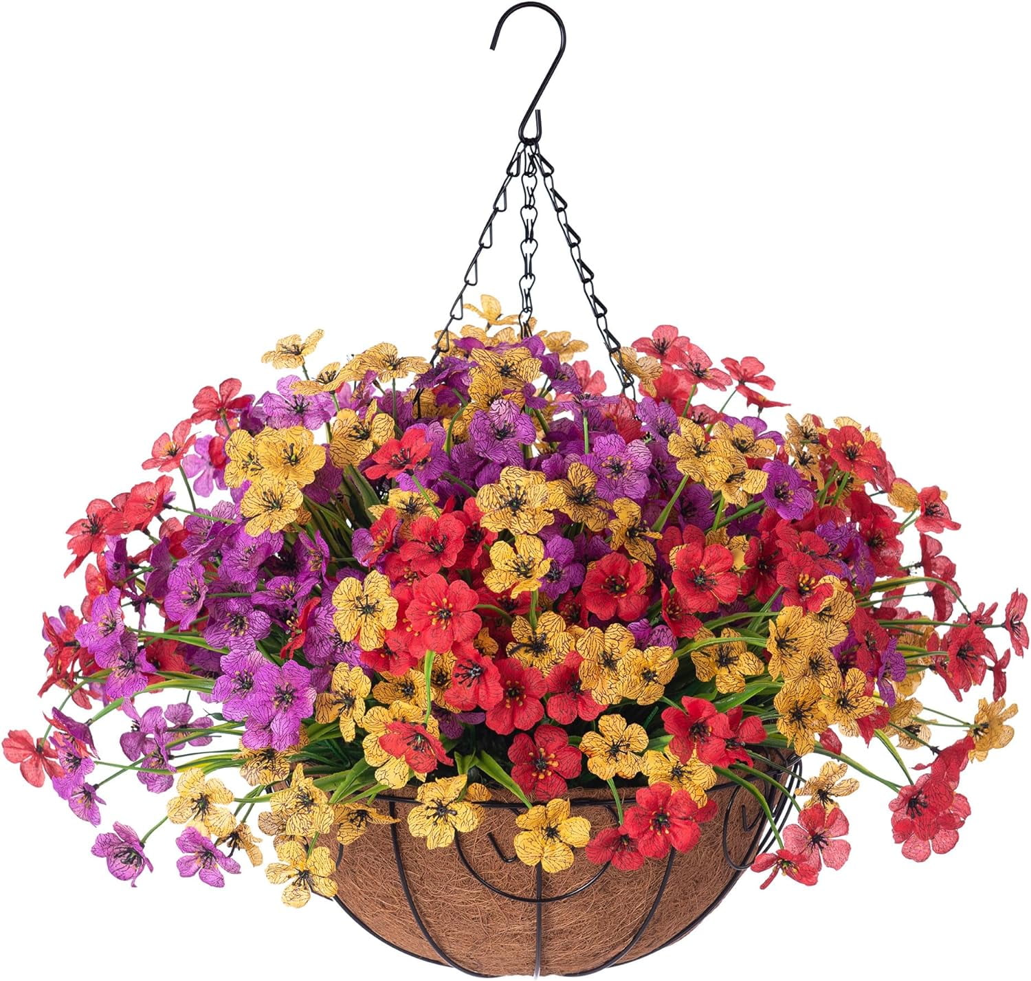 Artificial Faux Hanging Plants Flowers Basket for Spring Summer Outdoor Porch Decor, Fake Silk Colorful Daisy Eucalyptus in Planter UV Resistant Look Real Patio Balcony Yard(Red Purple Yellow)