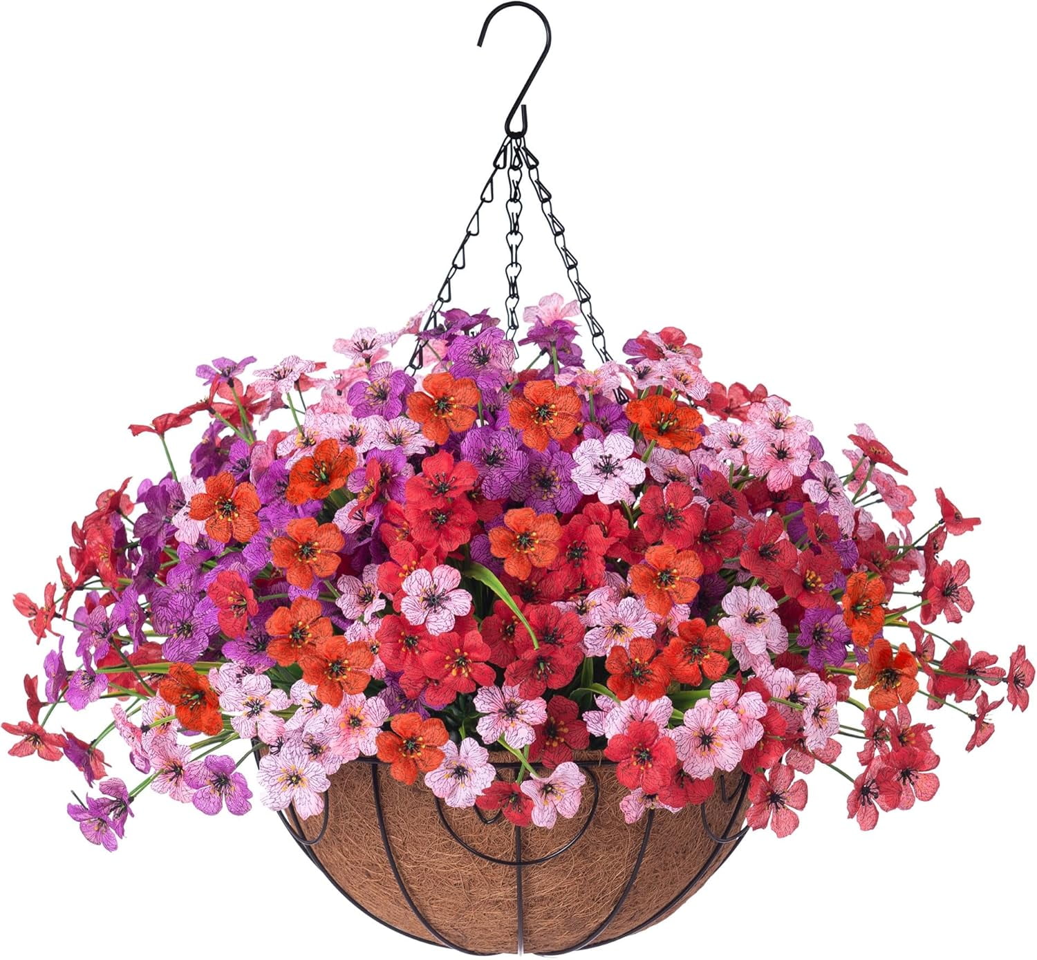 Artificial Faux Hanging Plants Flowers Basket for Spring Summer Outdoor Porch Decoration, Fake Silk Colorful Daisy Eucalyptus in Planter UV Resistant Look Real for Home Patio Balcony Yard