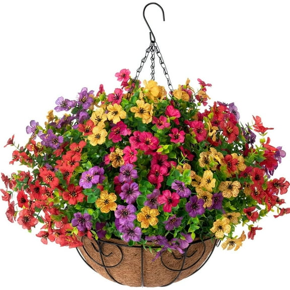 Artificial Faux Hanging Plants Flowers Basket for Summer Outdoor Outside Decoration, Fake Silk UV Sun Resistant Look Real Colorful Daisy Eucalyptus for Porch Home Patio Balcony Yard