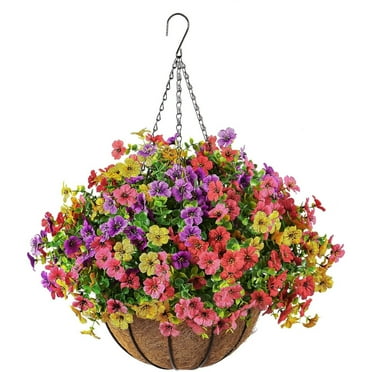 Artificial Faux Hanging Plants Flowers Basket for Summer Outdoor Outside Decoration, Fake Silk UV Sun Resistant Look Real Colorful Daisy Eucalyptus for Porch Home Patio Balcony Yard