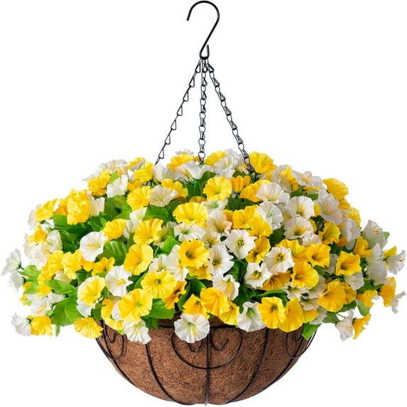 Artificial Faux Hanging Plants Flowers Basket for Summer Outdoor Outside Decoration, Fake Silk UV Sun Resistant Look Real Colorful Daisy for Porch Home Patio Balcony Yard