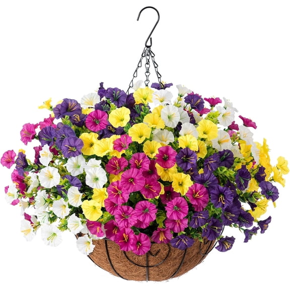 Artificial Faux Hanging Plants Flowers Basket for Outdoor Outside Spring Summer Decoration, Silk Morning Glory in Planter