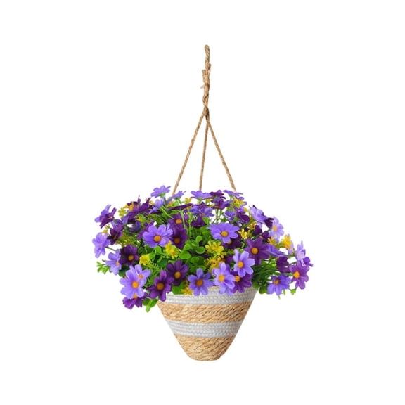 Artificial Faux Hanging Plants Flowers Basket for Spring, Red Daisy Flowers Eucalyptus UV Resistant Look Real for Outdoor Outside Porch Decoration