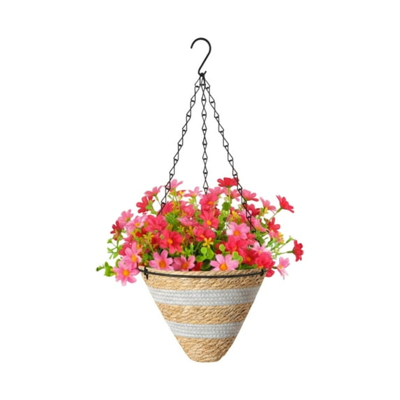 Artificial Faux Hanging Plants Flowers Basket for Spring, Red Daisy Flowers Eucalyptus UV Resistant Look Real for Outdoor Outside Porch Decoration