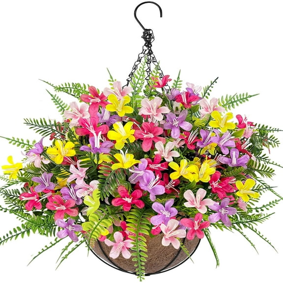 Artificial Faux Hanging Plants Flowers Baskets with Hyacinth & Boston Fern, UV Resistant Fake Silk Flowers Planters for Outdoor Outside Spring Summer Decoration, Perfect for Porch Patio Yard Decor