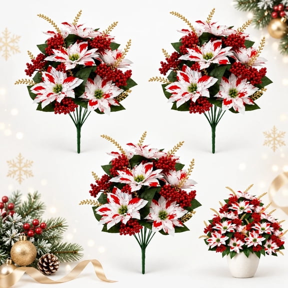 Artificial Faux Mums Christmas Flowers for Outdoor Planters, UV-Resistant Look Real for Autumn Home Porch Patio Garden Yard-Poinsettia-3