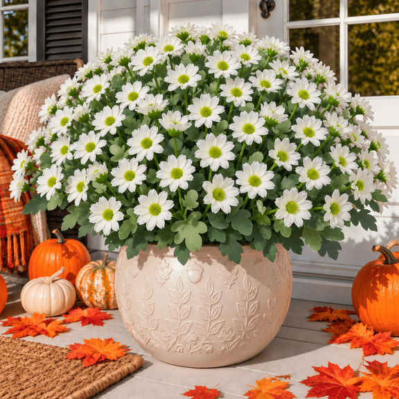 Artificial Faux Mums Fall Flowers for Outdoor Planters, UV-Resistant Look Real for Autumn Home Porch Patio Garden Yard-White-10
