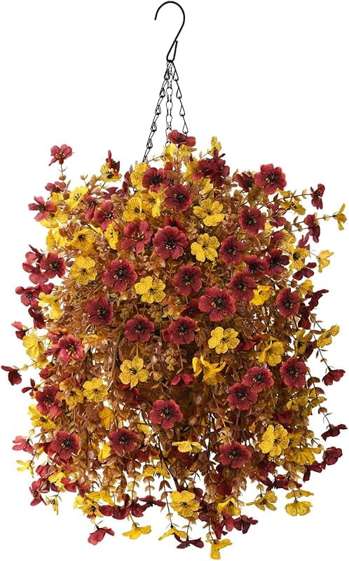 Artificial Faux Mums Hanging Flowers Plants Basket for Outdoor ...
