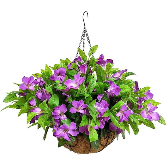 Artificial Faux Plants Flowers Hanging Basket for Outdoors Spring Decoration, Fake Silk Purple Azalea in Pot Planter UV Resistant Look Real for Porch Patio Outside Garden Yard Home