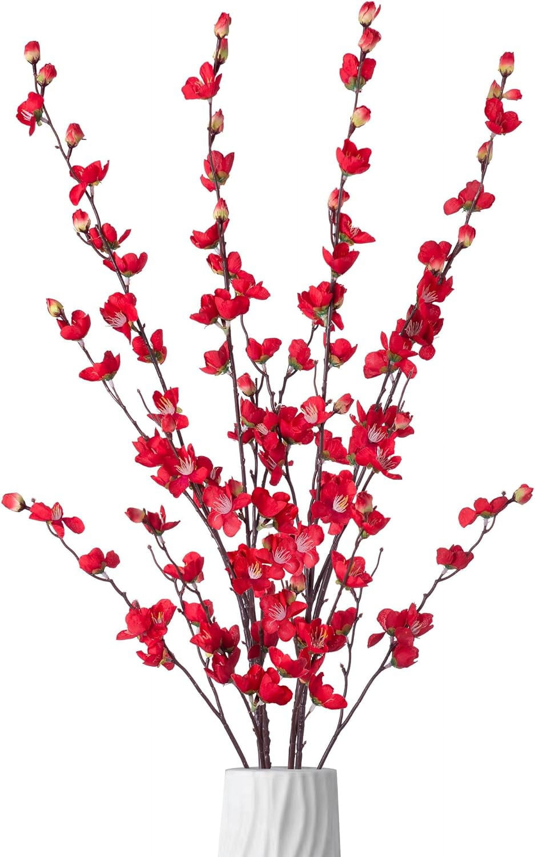 Artificial Faux Plants Flowers Indoor Spring Decor，4 Bundles Fake Silk Plum Blossom,Faux Silk Cherry Blossom Branches for Wedding Office Party Hotel Home Decor，Vase Not Included(White)