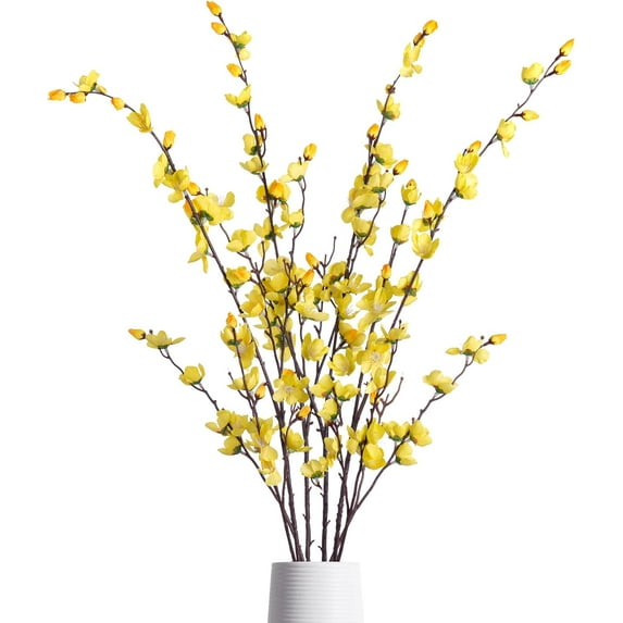 Artificial Faux Plants Flowers Indoor Spring Decor,4 Bundles Fake Silk Plum Blossom,Faux Silk Cherry Blossom Branches for Wedding Office Party Hotel Home Decor,Vase Not Included(White)