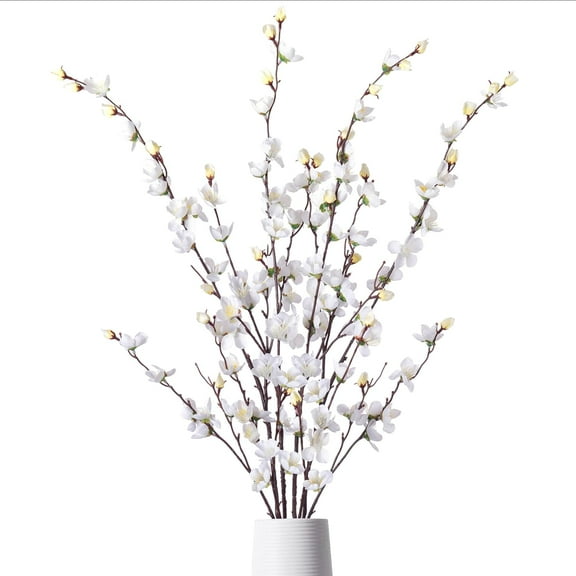 Artificial Faux Plants Flowers Indoor Spring Decor，4 Bundles Fake Silk Plum Blossom,Faux Silk Cherry Blossom Branches for Wedding Office Party Hotel Home Decor，Vase Not Included(White)