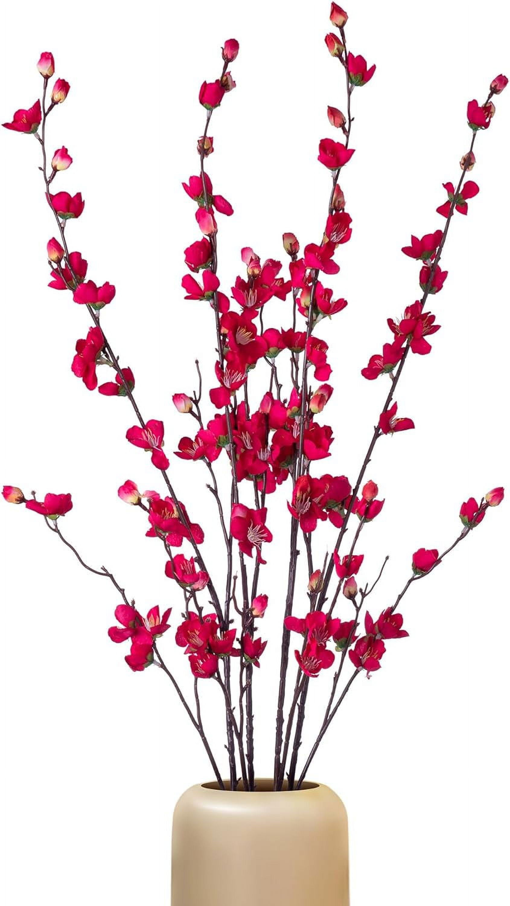 Artificial Faux Plants Flowers Indoor Spring Decor，4 Bundles Fake Silk Plum Blossom,Faux Silk Cherry Blossom Branches for Wedding Office Party Hotel Home Decor，Vase Not Included(White)