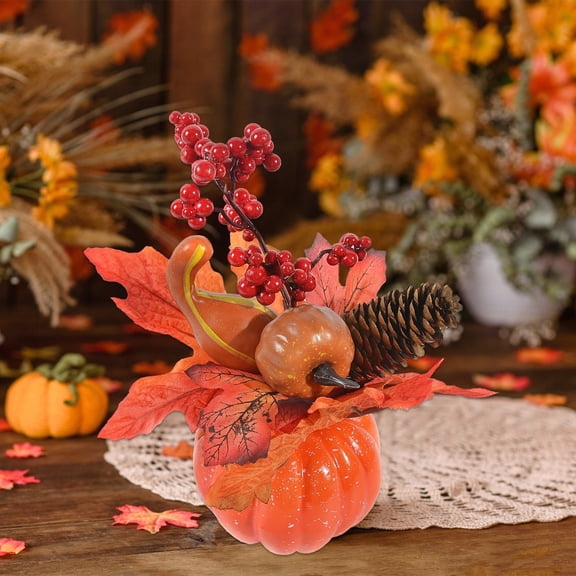 Artificial Faux Pumpkin Decor Set with Sunflower Maple Leaf Berries, Plastic Fake Harvest Pumpkin Ornaments, Seasonal Table Centerpiece for Fall Thanksgiving Indoor Decor