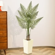 HiPlants 5 FT Artificial Fern Plant， Faux Fern Tree in White Taper Planter with River Rock, Tall Fake Fern Trees with Adjustable Branches for Indoor Home Decor, Office, Pet-Friendly Spaces