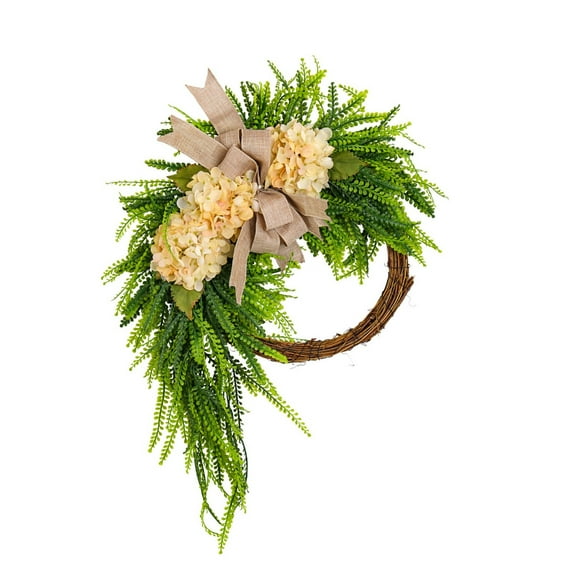 Artificial Fern Wreath with Cream Hydrangea Flowers and Rustic Linen Bow, Decorative Greenery Door Wreath for Home, 15.74in Door Hanger for Spring and Summer Home Decor