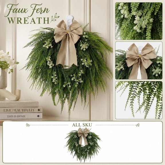 Artificial Fern Wreath with Cascading Foliage Full Round Greenery for Door, Wall, Patio & Indoor Outdoor Decor, No Maintenance Evergreen Design