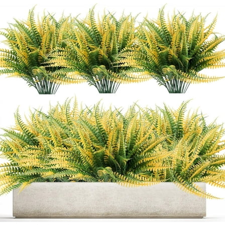 Artificial Ferns for Outdoors Fake Boston Fern Greenery Plants UV Resistant No Fade Faux Plastic Plants Shrubs for Garden Front Porch Window Box Outdoor Decoration (Yellow)