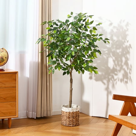 Artificial Ficus Silk Tree, 5FT Faux Plastic Ficus Plants in Pot with Durable Plastic Trunk, Fake Plant for Home Decor Office House Living Room Indoor Outdoor
