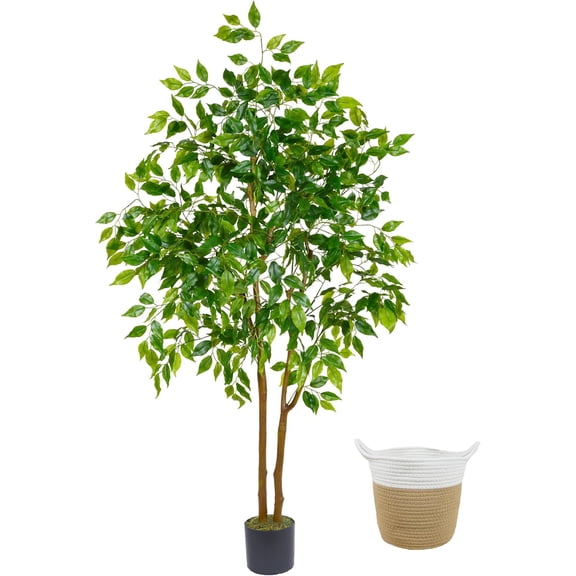 Artificial Ficus Tree, 5ft Tall Fake Ficus Tree with Basket, Faux Plant for Indoor Outdoor Home Livingroom Office Garden Porch Décor