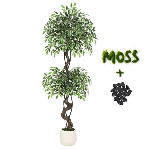 Artificial Ficus Tree 5ft Tall, Faux Floor Plant with White Imitation Ceramic Planter, Lifelike Silk Tree with Moss & Pebbles for Home Office Indoor Decor