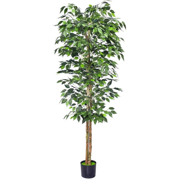 Artificial Ficus Tree 6 Ft with Realistic Leaves and Natural Trunk in Plastic Nursery Pot