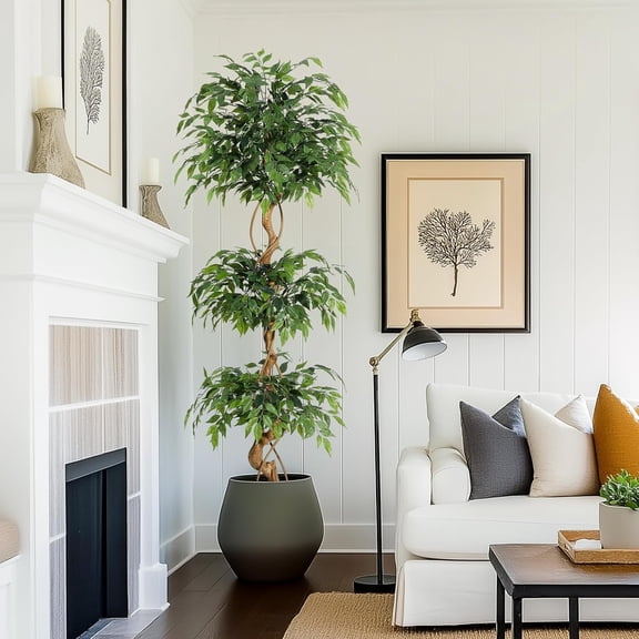 Artificial Ficus Tree 6 ft Curved Trunk Faux Tree in White Planter, Lifelike Silk Plant for Indoor Use, Decorative Fake Ficus for Home Office Living Room Decor